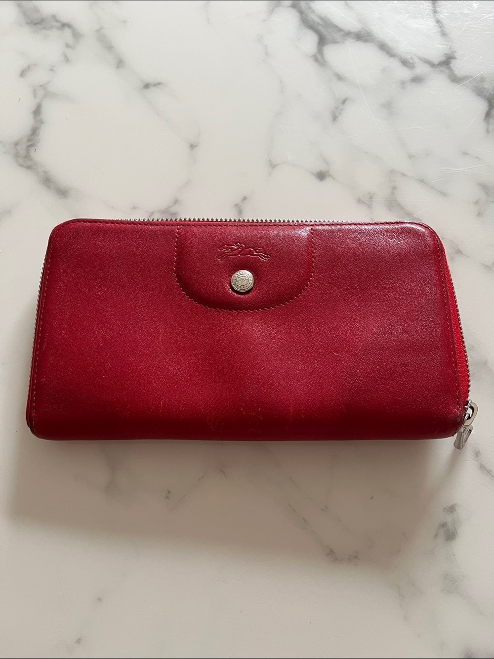 Longchamp Red Leather Zip Wallet with Snap Detail